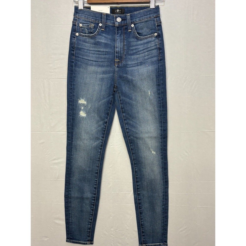 7 For All Mankind Ankle Skinny Jeans Womens Blue Distressed High Waist‎ 24 NWT